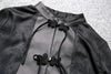 Leather Top for Women with Jacquard Sleeves and Mandarin Collar