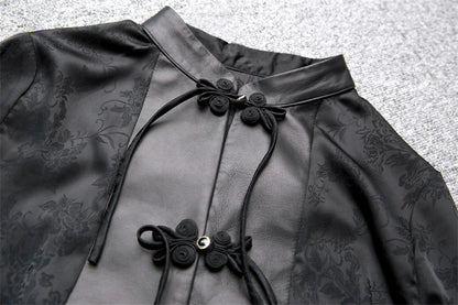 Leather Top for Women with Jacquard Sleeves and Mandarin Collar