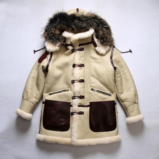 Men Real Sheepskin Shearling Flight Long Jacket Aviator