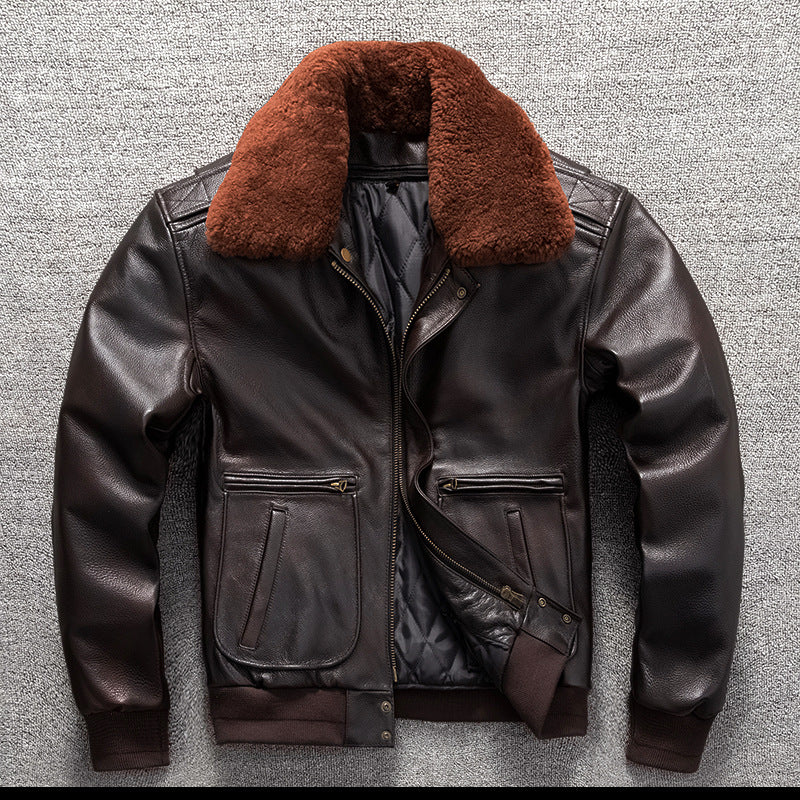 Men’sAviator Leather Flight Jacket with Fur Collar