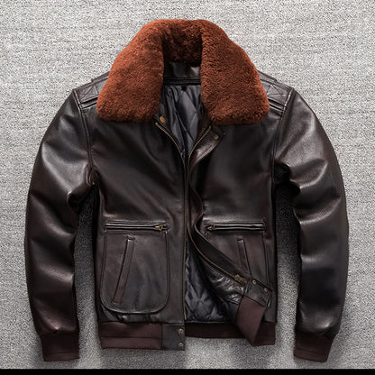 Men’sAviator Leather Flight Jacket with Fur Collar