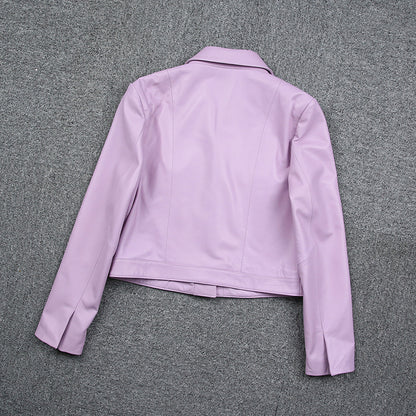 Women Cropped Pink Leather Jacket With Metal Lock