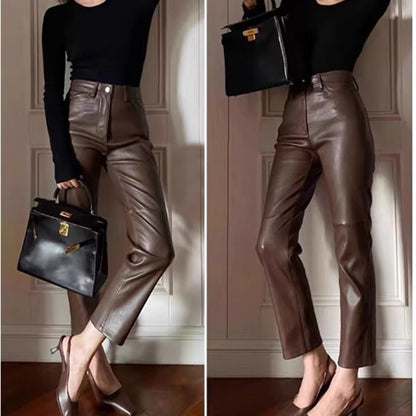 Women High Waisted Genuine Leather Carrot Pants