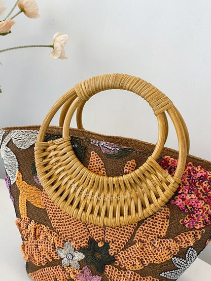 Woven Summer Straw Purse with Bamboo Handle