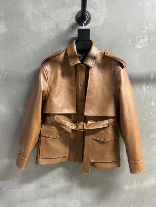 Moto Bomber Women Leather Jacket with Belted Waist Brown S