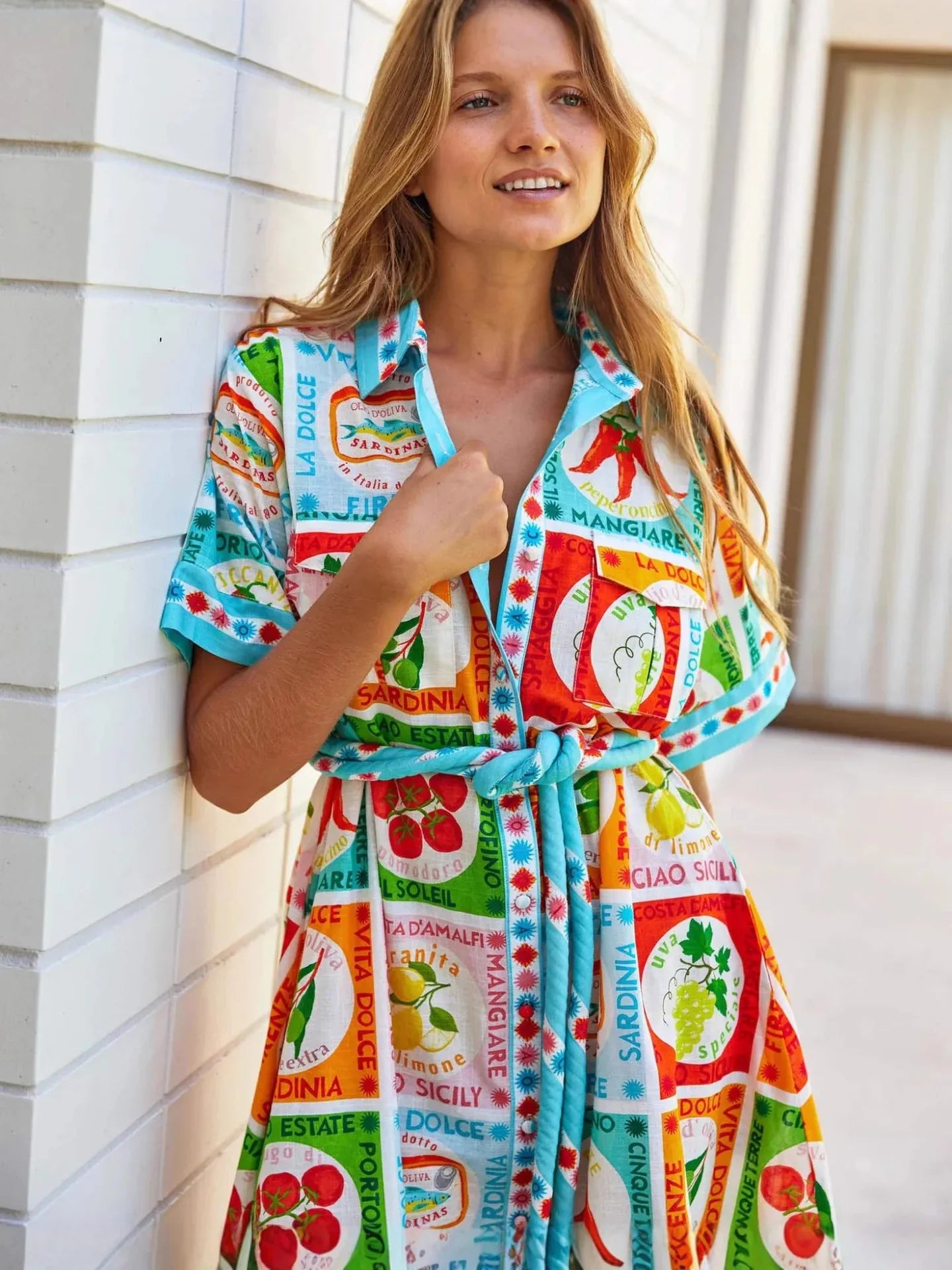 Printed linen maxi shirt collar summer dress