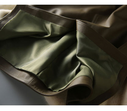 Olive Green Sheepskin Mid Length Leather Skirt with Belt and Slit