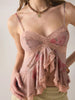 Women’s Floral Lace Trim Mesh Ruffle Camisole Top