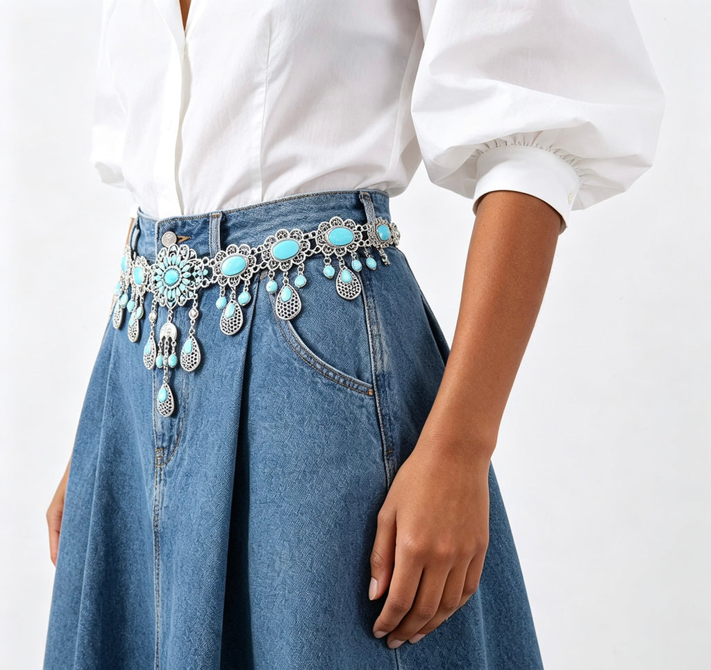 Waist Chain Faux Turquoise Tassel Belt for Women