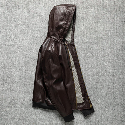 Men Hooded Goatskin Leather Bomber Baseball Jacket