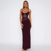 Burgundy mesh backless bodycon maxi dress women