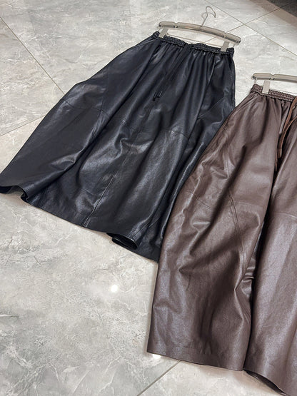 Women’s Leather Maxi Skirt Drawstring Long Skirt