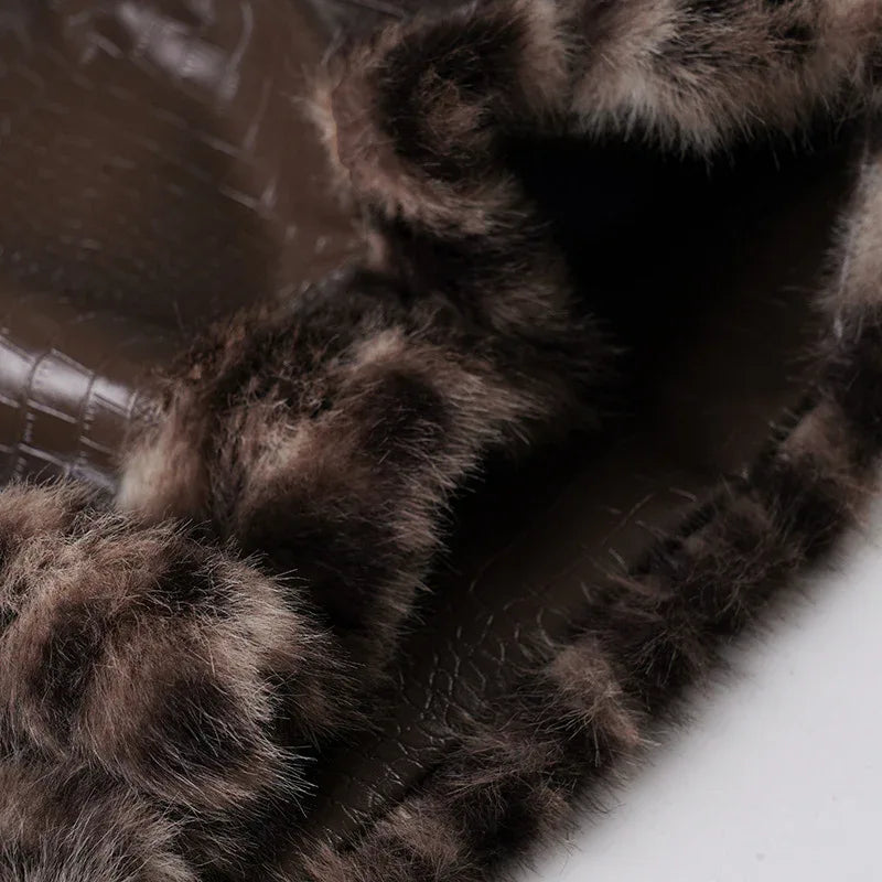 Y2K faux leather leopard fur trim mini shorts