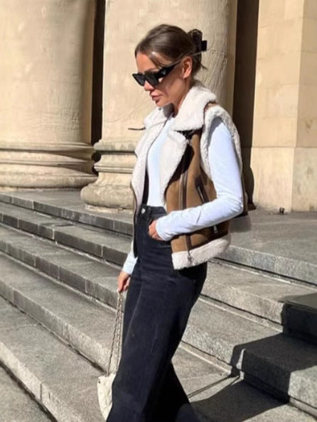 Double sided faux shearling biker vest women