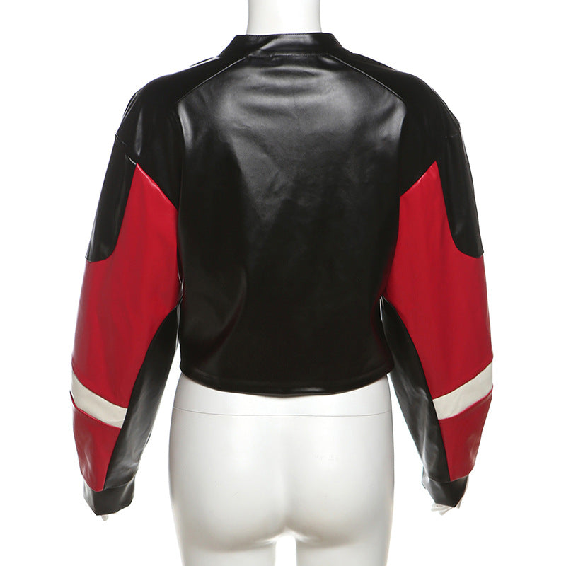 Cropped Faux Leather Biker Jacket Black Red White