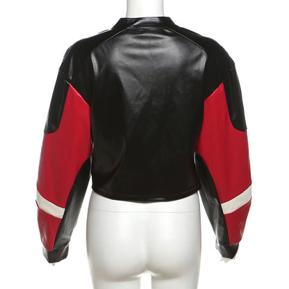 Cropped Faux Leather Biker Jacket Black Red White