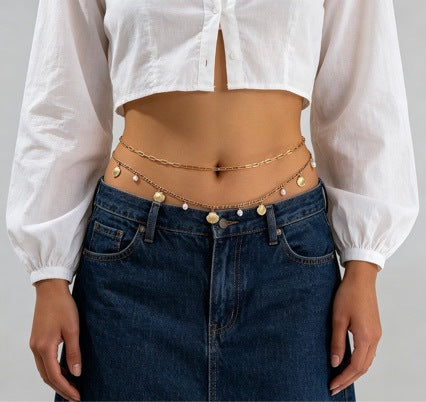 Gold Waist Chain with Shell Charms and Pearl Layers