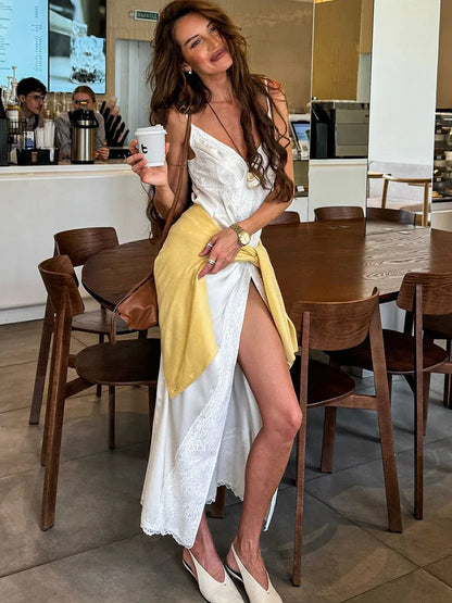 White satin lace camisole dress with side slit