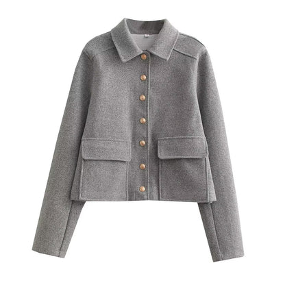 Women’s Wool Blend Cropped Jacket with Gold Metal Buttons