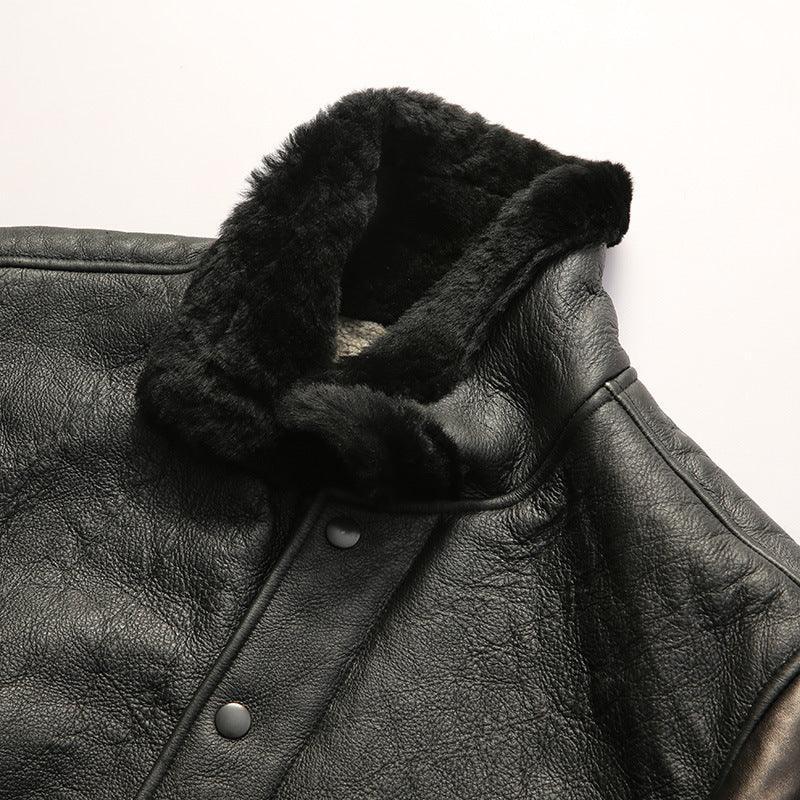Men’s Black Leather Bomber Jacket with Real Shearling Collar