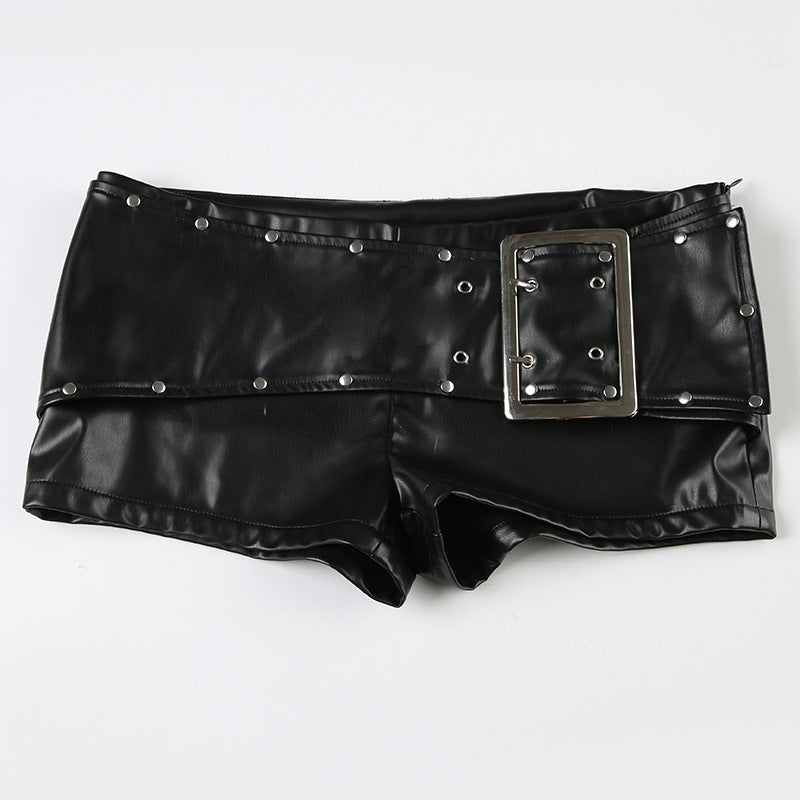 Black Faux Leather Shorts for Women with Buckle Low Waist