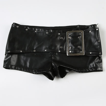 Black Faux Leather Shorts for Women with Buckle Low Waist