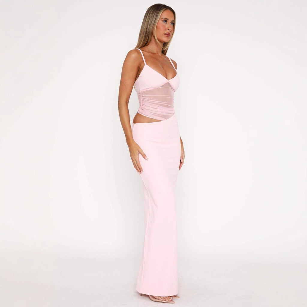 Blush pink mesh cutout bodycon maxi dress women