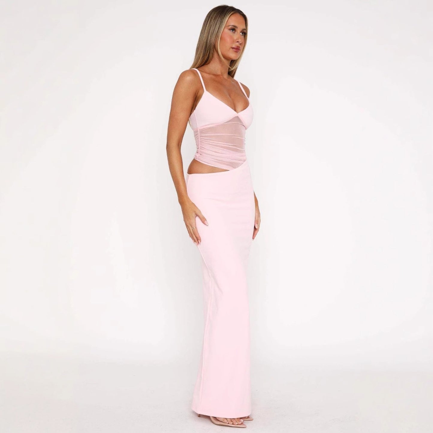 Blush pink mesh cutout bodycon maxi dress women
