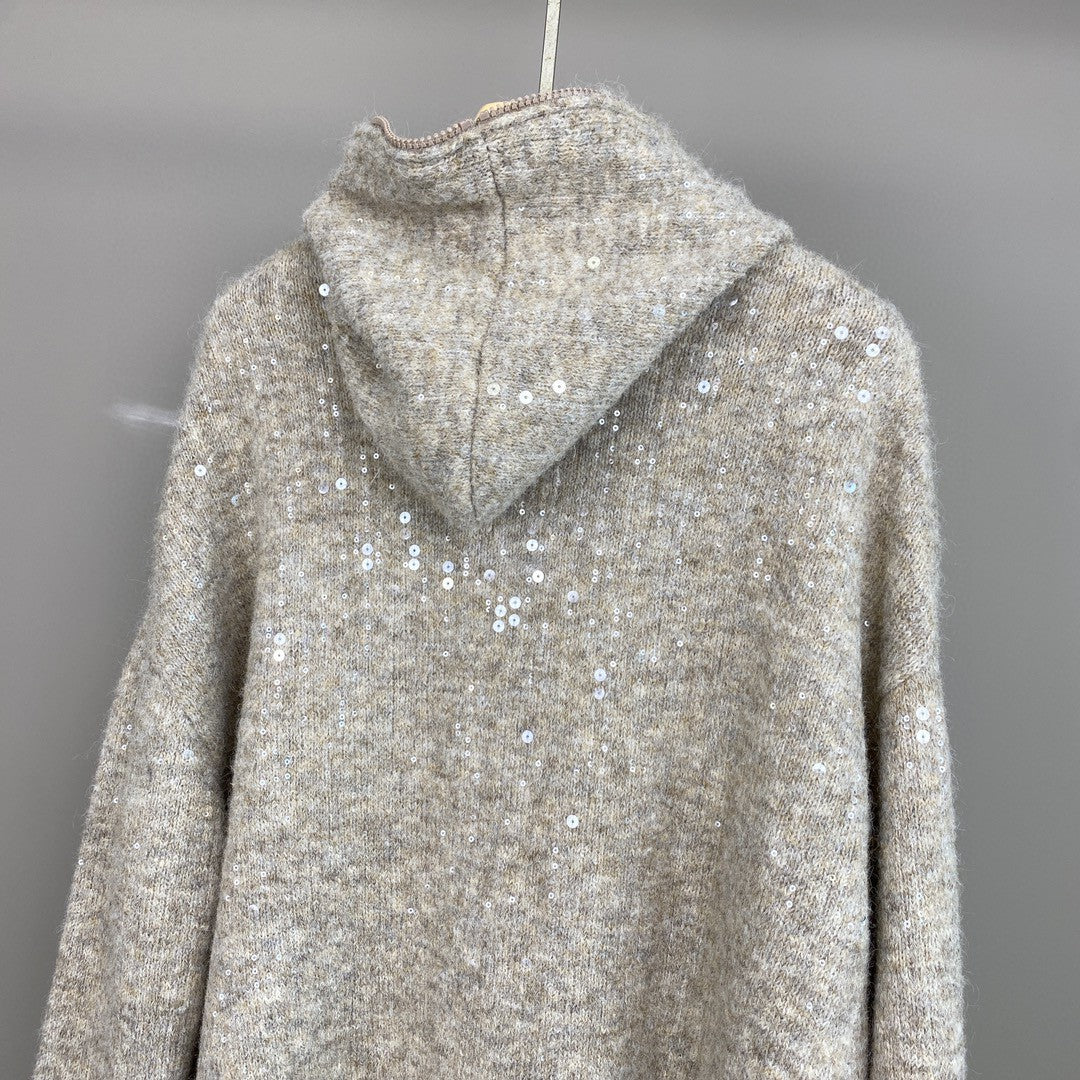 Women Mohair Cashmere Sequin Zip Cardigan Hoodie