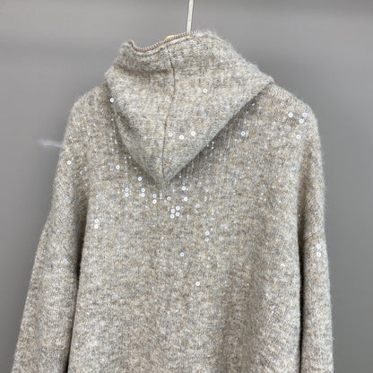 Women Mohair Cashmere Sequin Zip Cardigan Hoodie