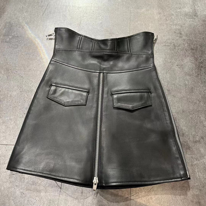 Leather Mini Skirt Black High Waisted Zip Front