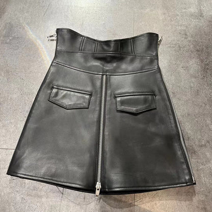 Leather Mini Skirt Black High Waisted Zip Front