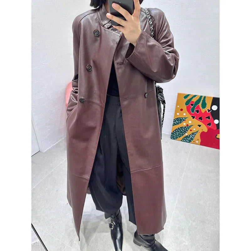 Women sheepskin leather trench coat long belt - Boho Living Room