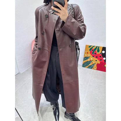 Women sheepskin leather trench coat long belt - Boho Living Room