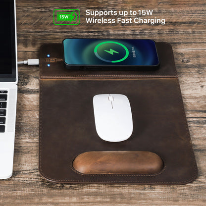 Large leather desk mat with wireless charging