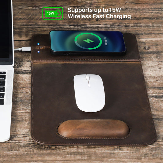 Large leather desk mat with wireless charging