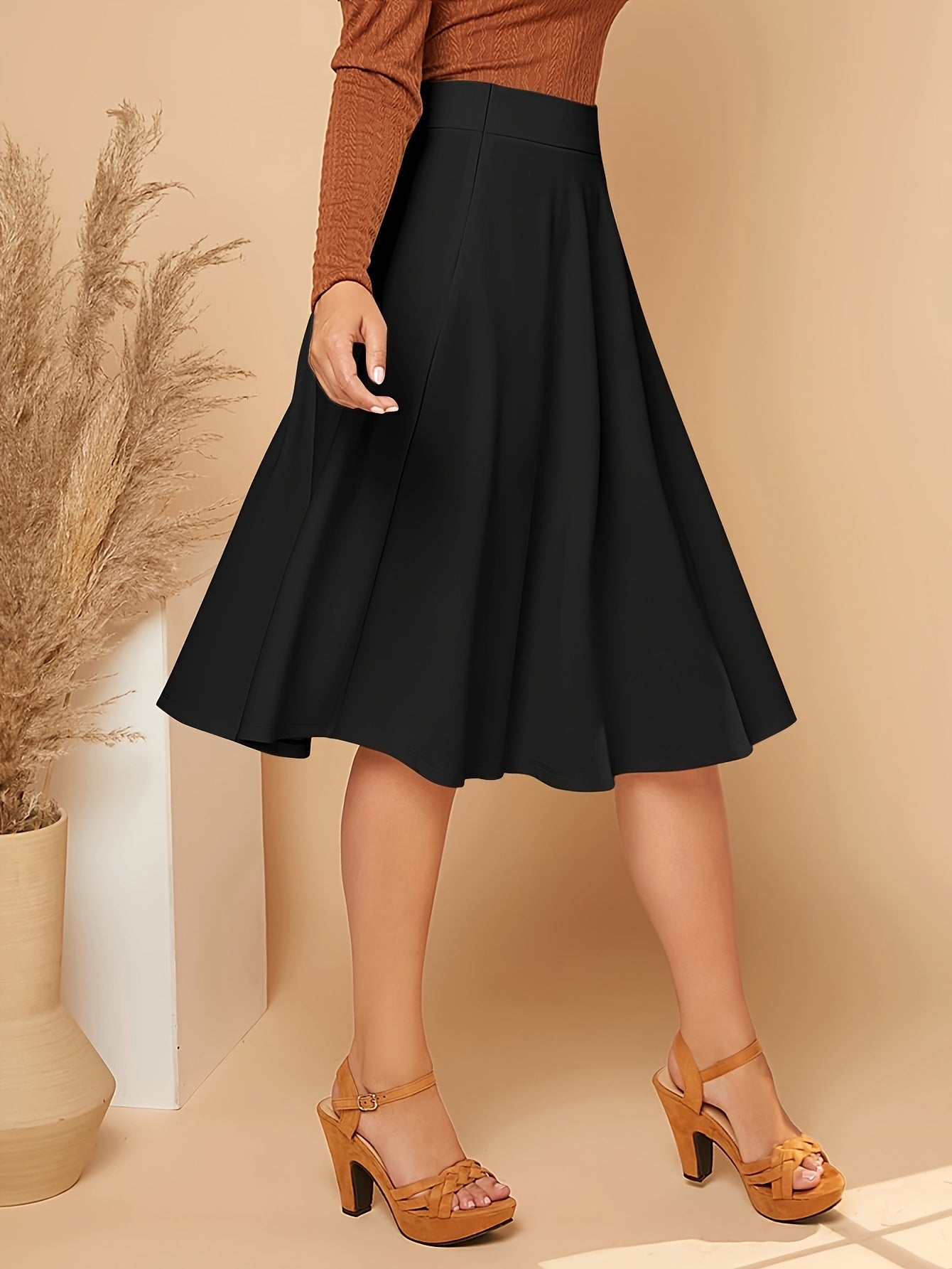 High Waisted Flare Pleated Skirt