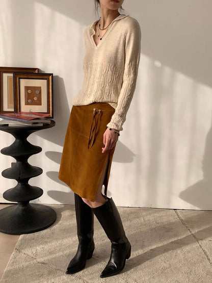 Genuine Leather Suede Skirt with Zipper Tassel and Side Slit