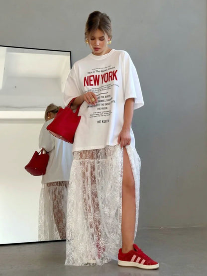 Women’s White Lace High Waist Midi Skirt