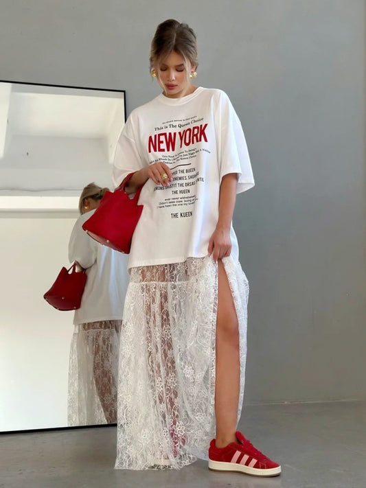 Women’s White Lace High Waist Midi Skirt