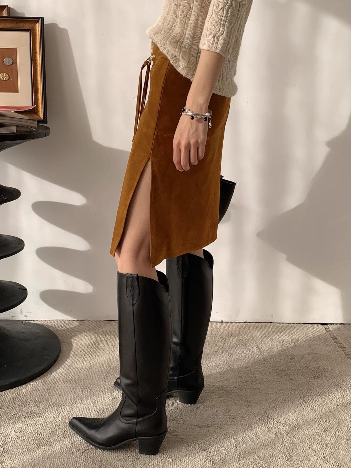 Genuine Leather Suede Skirt with Zipper Tassel and Side Slit