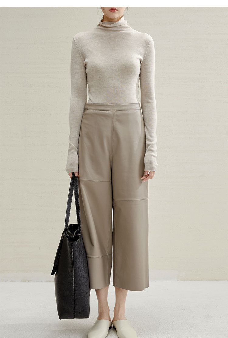 Irregular Cut Leather Wide Leg Pants for Women Cropped Straight Fit