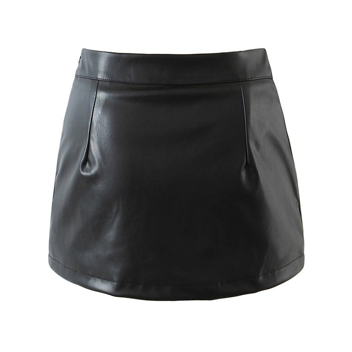 Black PU Leather Mini Skirt with Slit High Waisted