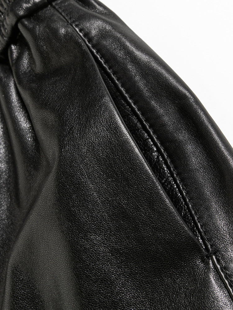 Women Black Genuine Leather Baggy Pants Loose Fit Wide Leg