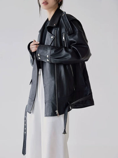 Women Oversized Genuine Leather Motorcycle Jacket Retro Washed