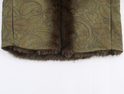 Embroidered reversible faux fur short coat