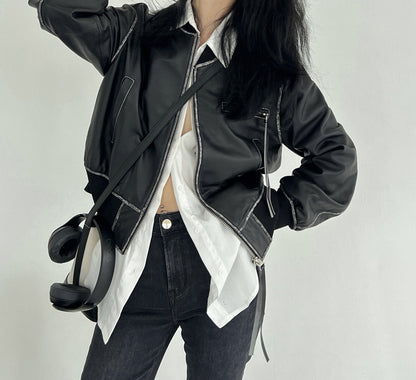 Women Leather Bomber Jacket Black Slim Fit Moto Coat