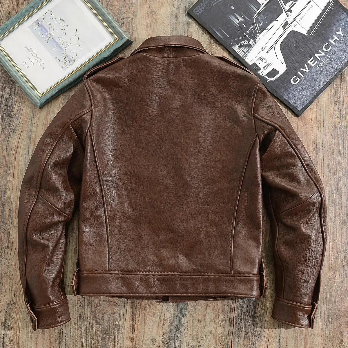Men Brown Military Cowhide Leather Jacket
