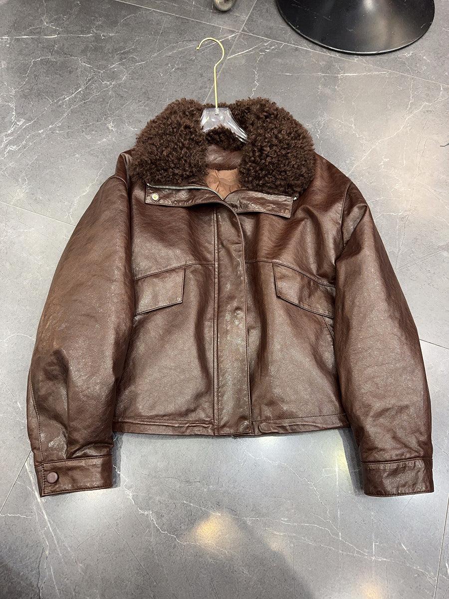 Women waxed leather aviator fur down jacket Brown S