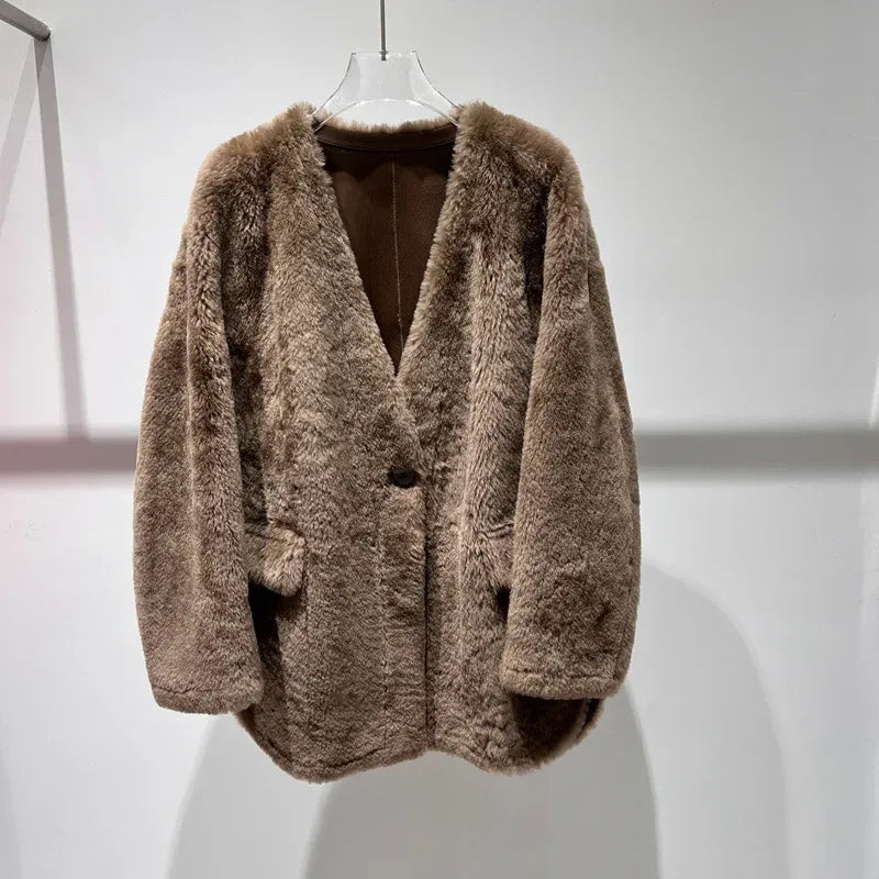 Women’s Brown Sheepskin Lambswool Fur Coat